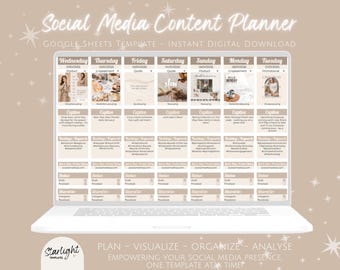 Full Year Social Media Content Calendar and Planner, Google Sheets Spreadsheet Template, Beige Social Media Planner, Social Media Tracker