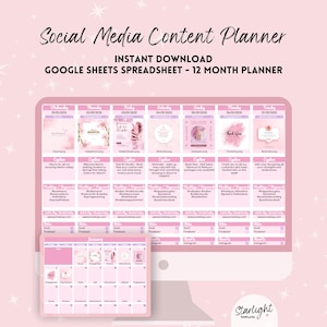 Könnte beinhalten: Ein pinkfarbener digitaler Social-Media-Content-Planer mit einem 12-Monats-Layout. Der Bildschirm zeigt einen Kalender mit verschiedenen Social-Media-Post-Vorlagen. Der Text oben lautet "Social Media Content Planner" und "Instant Download".