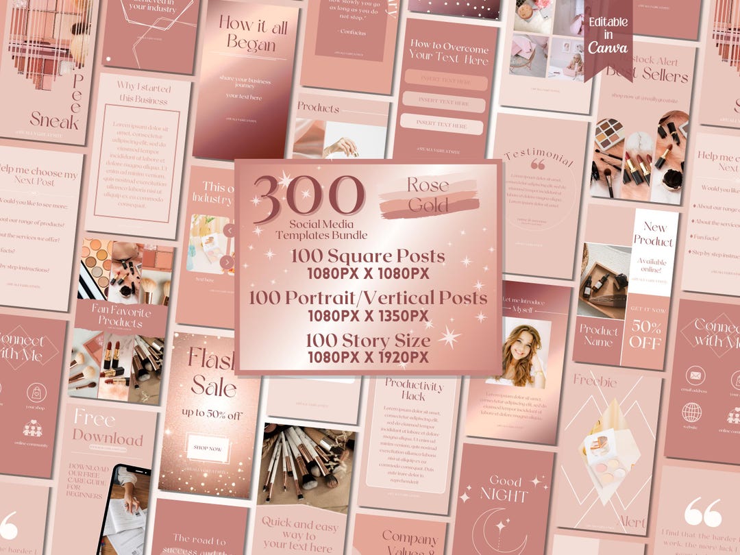300 IG Rose Gold Posts Bundle, Rose Gold Instagram Templates, Social ...