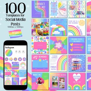100 Bright Rainbow Instagram Templates, Colorful Instagram Posts, Cute IG Feed Templates for Small Business, Editable Canva Templates