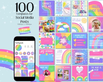 100 Bright Rainbow Instagram Templates, Colorful Instagram Posts, Cute IG Feed Templates for Small Business, Editable Canva Templates