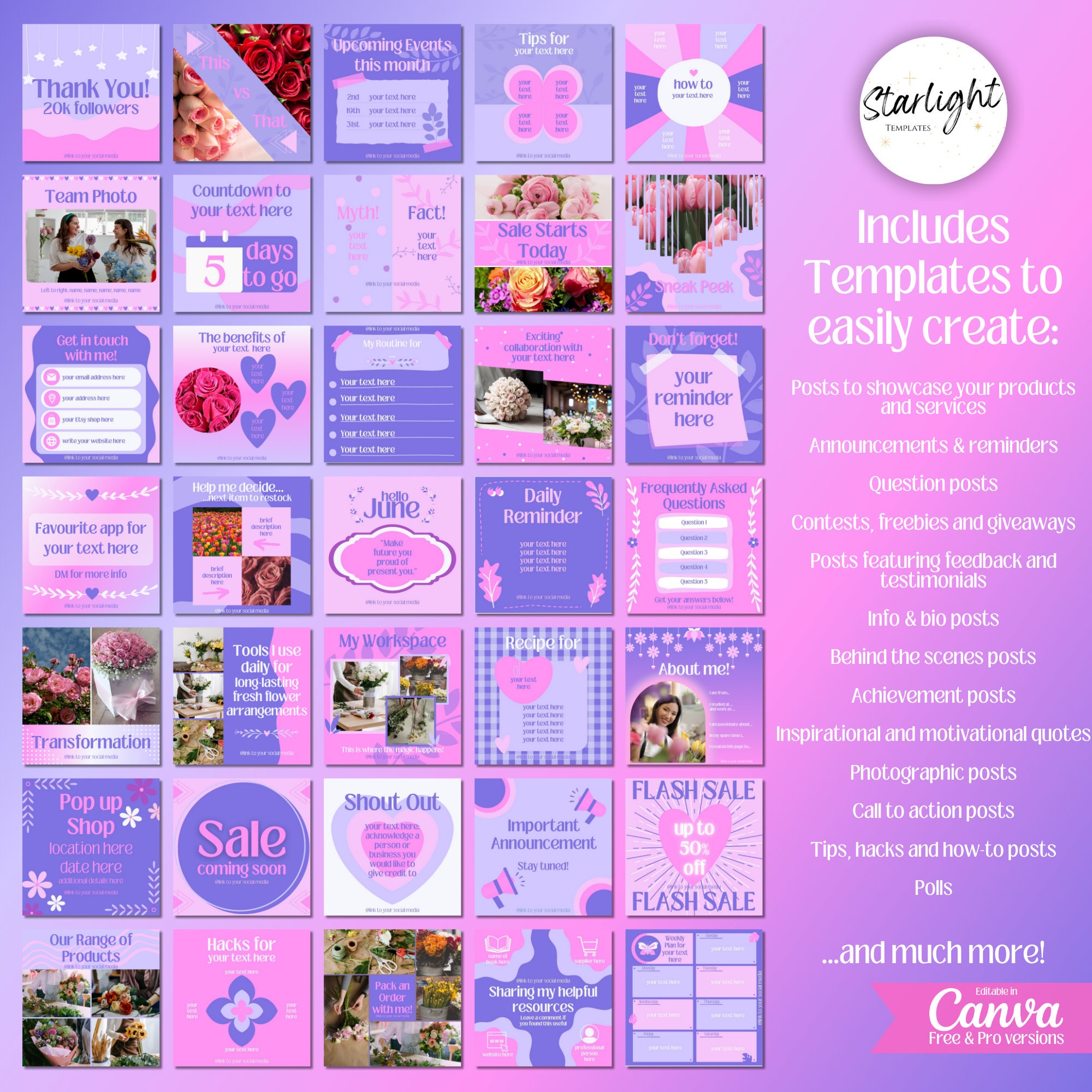 100 Purple Pink Social Media Templates, Instagram Post Template Bundle ...