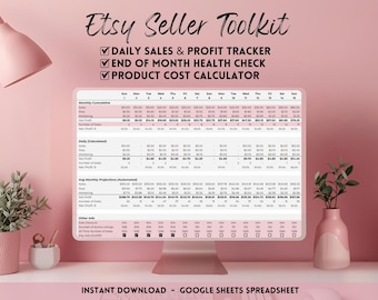 Monitorowanie wydajności sklepu Etsy, kalkulator dziennej sprzedaży i zysku sprzedawcy Etsy, śledzenie miesięcznego wzrostu, arkusz kalkulacyjny kalkulatora kosztów produktu