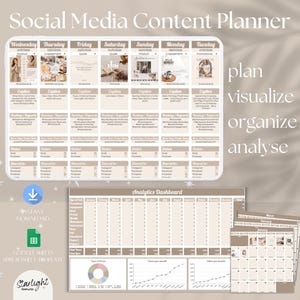 Social Media Content Planner and Calendar, Google Sheets Spreadsheet Planner, Neutral Beige Social Media Calendar, Social Media Tracker