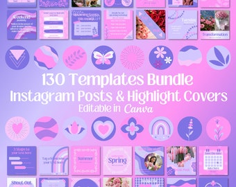 Lot de 130 modèles de publications Instagram roses et violets, 100 publications Instagram, 30 couvertures de surlignage, modèles Canva, modèles de réseaux sociaux