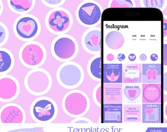 30 rosa Instagram-Highlight-Cover, lila Instagram-Story-Symbole, Instagram-Vorlagen, bearbeitbare Canva-Vorlagen, rosa und lila Instagram