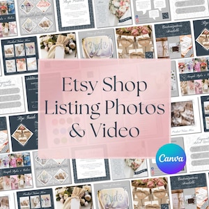 May include: A collage of images showing examples of Etsy shop listing photos and videos. The images include product photos, size guides, frequently asked questions, and customization options. The text "Etsy Shop Listing Photos & Video" is displayed in a pink box.
