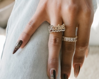 Anillo con nombre personalizado con escritura a mano / Anillo con nombre / Anillo de oro / Anillo llamativo / Regalo para ella / Anillo de plata / Anillo con nombre inicial con hielo / Anillo con escritura a mano