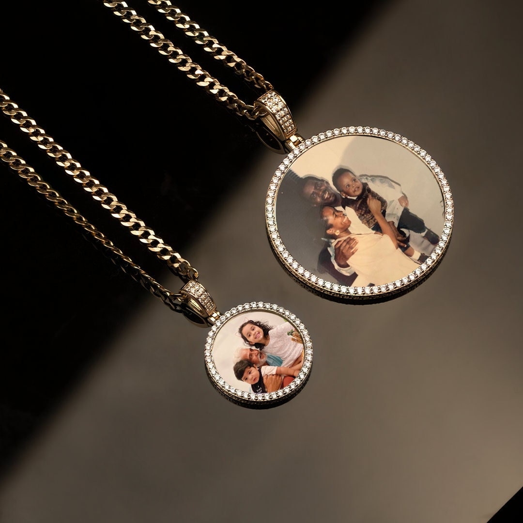 XL Iced Out Photo Pendant W/ Cuban Chain Sterling Silver Engraved  Pendant 14k Gold Plated Custom Jewelry Gifts for Him