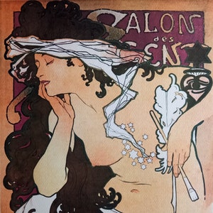 May include: A vintage illustration of a woman with dark hair and a white blindfold. She is wearing a white dress and has a feather and stars on her chest. The text "SALON des SENS" is visible in the background.