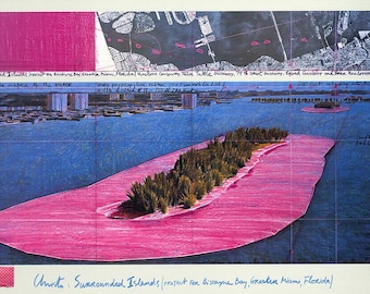 Christo & Jeanne-Claude – Surrounded Islands – affiche offset couleur XXXL avec morceau de tissu