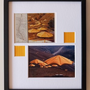 Christo & Jeanne-Claude – The Umbrella's USA – 2 artcards, framed with 2 original fabric pieces