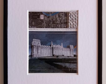 Christo & Jeanne-Claude – Reichstag envuelto – tarjeta artística, enmarcada con pieza de tela original.