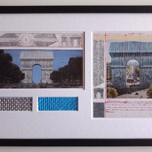 Christo & Jeanne-Claude – Arco di Trionfo, avvolto – 2 cartoline artistiche con tessuto originale fronte-retro