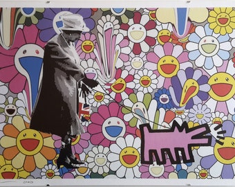 May include: A black and white image of a woman wearing a hat and coat walking a pink dog on a leash. The background is a colorful pattern of flowers with smiling faces.