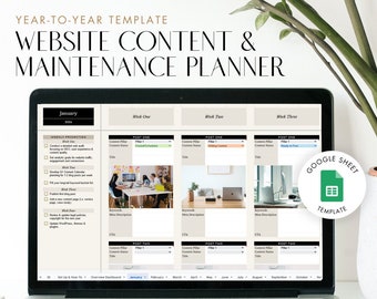 May include: A laptop displaying a website content and maintenance planner template. The screen shows a detailed layout with sections for weekly priorities, content pillars, and an overview dashboard. A Google Sheet template icon is visible.