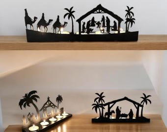 Christmas Candle Holder | Wooden Nativity Scene Silhouette | Tealight Candle Holder For Christmas | Table Decoration | Nativity Set