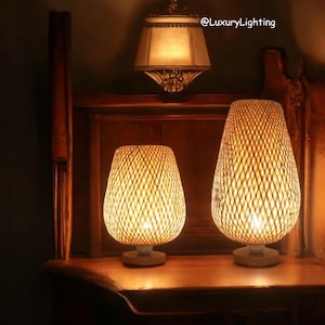 Wooden Nightstand Lamp, for Bedroom Living Room Desk, Small Rattan Table Lamp, Stepless Dimmable Beside Lamp, Vintage Wicker