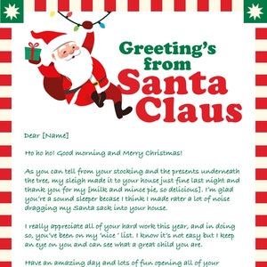 Carta imprimible de Papá Noel para la mañana de Navidad. Saludos de Papá Noel. Carta personalizada y editable de Papá Noel.