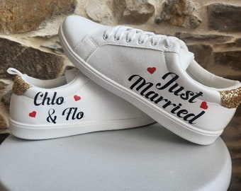 White and Gold Personalized Just Married Flat Sneakers