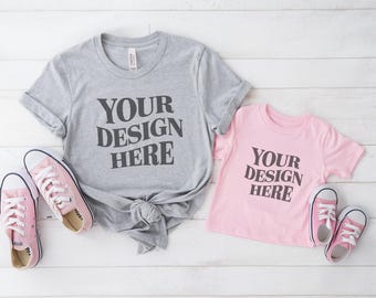 Bella Canvas Family Matching T-Shirt Mockup, Athletic heather pink Mockup, bella Canvas 3001 & 3001T,Father's Day Bella Canvas Shirt Mockup