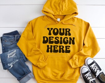 Maqueta de sudadera con capucha Gildan 18500 / Maqueta de sudadera con capucha dorada Gildan 18500 / Maqueta de sudadera con capucha dorada G185 / Maqueta de sudadera con capucha G18500 con diseño plano