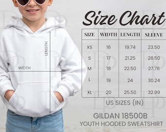 Gildan 18500B Size Chart, Gildan Size Chart 18500B, Gildan Size Chart Youth Hooded Sweatshirt, Model Mockup Youth Hoodie Size Chart