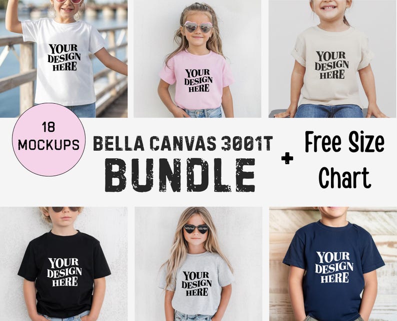 Showcase your designs with this premium Bella Canvas 3001T kids mockup bundle, featuring 18 high-resolution flat lay mockups in a wide range of colors. These mockups are perfect for designers, Etsy sellers, and print-on-demand (POD) businesses looking to professionally present their youth apparel designs. Each flat lay mockup displays the Bella Canvas 3001T toddler/youth tee in a clear, minimalistic overhead style, allowing your design to be the focus. These are JPG-only files.
