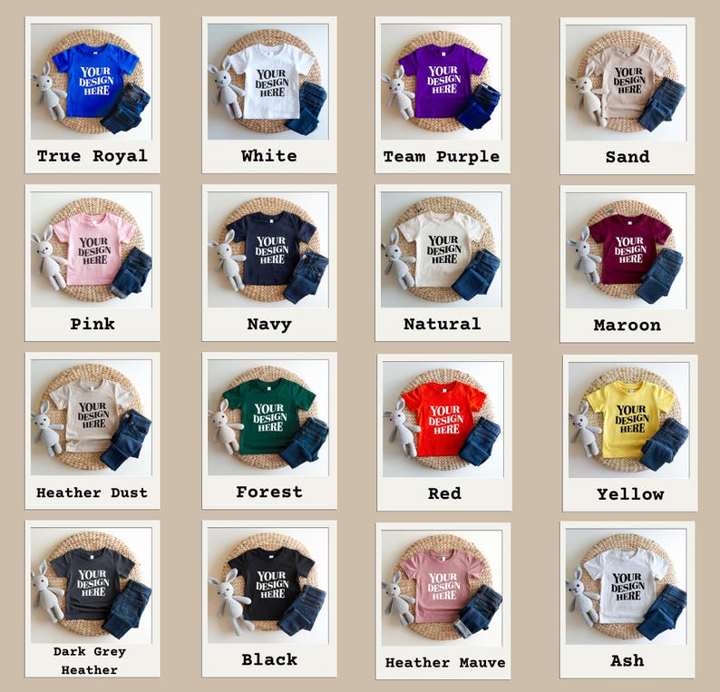 Showcase your designs with this premium Bella Canvas 3001T kids mockup bundle, featuring 16 high-resolution flat lay mockups in a wide range of colors. These mockups are perfect for designers, Etsy sellers, and print-on-demand (POD) businesses looking to professionally present their youth apparel designs. Each flat lay mockup displays the Bella Canvas 3001T toddler/youth tee in a clear, minimalistic overhead style, allowing your design to be the focus. These are JPG-only files.