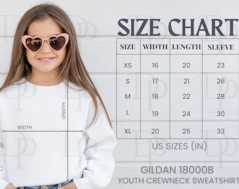 Size Chart Mockup Gildan 18500b Youth Hoodie, Style 18500 Kids Hooded Sweatshirt Sizes Guide, Gildan Sizing Template, G185B Measurements
