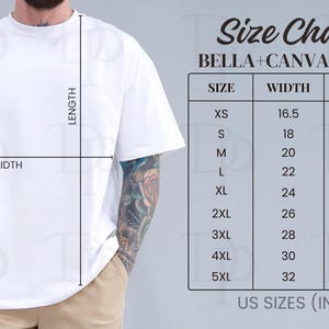 Tableau des tailles Bella Canvas 3001, guide des tailles, Mensurations du t-shirt, 3001, tableau des tailles 3001, tableau des tailles Bella, maquette du tableau des tailles