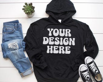 Maqueta de sudadera con capucha Gildan 18500 / Maqueta de sudadera con capucha Gildan 18500 en posición horizontal en negro / Maqueta de sudadera con capucha G185 en negro / Maqueta de sudadera con capucha G18500