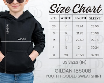 Gildan 18500B Size Chart, Gildan Size Chart 18500B, Gildan Size Chart Youth Hooded Sweatshirt, Model Mockup Youth Hoodie Size Chart