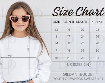 Gildan 18000B Size Chart, Gildan Size Chart 18000B, Gildan Size Chart Youth Crewneck Sweatshirt, Model Mockup Youth Sweatshirt Size Guide