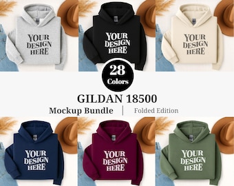 Gildan 18500 Folded Mockup Bundle, Flat Lay Hoodie Sweatshirt Mockups, Gildan 18500 Hoodie Mockup + Editable Gildan 18500 Color & Size Chart