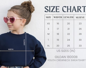 Gildan 18000B Size Chart, Gildan Size Chart 18000B, Gildan Size Chart Youth Crewneck Sweatshirt, Model Mockup Youth Sweatshirt Size Guide