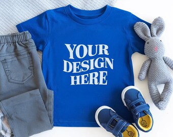 Bella Canvas 3001T モックアップ、True Royal Bella Canvas 3001T フラットレイ モックアップ、幼児用 Bella Canvas 3001T モックアップ、Bella Canvas 3001T キッズ モックアップ