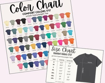 May include: A colour chart and size chart for Comfort Colors 1717 unisex heavyweight tees. The colour chart displays a variety of shirt colours, and the size chart shows measurements in inches for sizes S through 4XL.