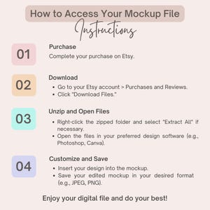 May include: A four-step guide on how to access your mockup file. The steps are: Purchase, Download, Unzip and Open Files, and Customize and Save. The guide is written in a light pink, light blue, and light purple color scheme.