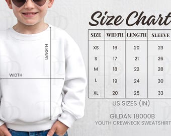 Gildan 18000B Size Chart, Gildan Size Chart 18000B, Gildan Size Chart Youth Crewneck Sweatshirt, Model Mockup Youth Sweatshirt Size Guide