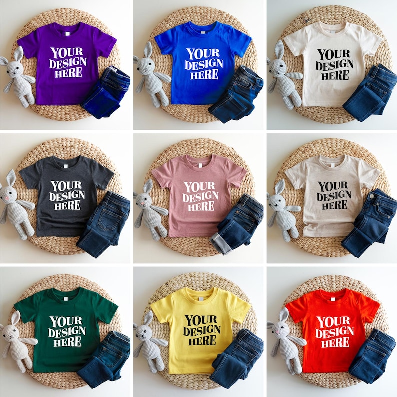 Showcase your designs with this premium Bella Canvas 3001T kids mockup bundle, featuring 16 high-resolution flat lay mockups in a wide range of colors. These mockups are perfect for designers, Etsy sellers, and print-on-demand (POD) businesses looking to professionally present their youth apparel designs. Each flat lay mockup displays the Bella Canvas 3001T toddler/youth tee in a clear, minimalistic overhead style, allowing your design to be the focus. These are JPG-only files.