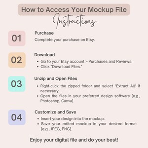 May include: A four-step guide on how to access your mockup file. The steps are: Purchase, Download, Unzip and Open Files, and Customize and Save. The guide is written in a light pink and white colour scheme with a light blue background.