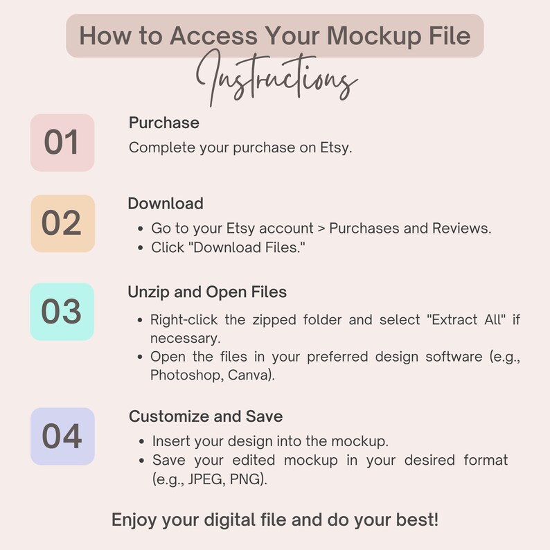 May include: A four-step guide on how to access your mockup file. The steps are: Purchase, Download, Unzip and Open Files, and Customize and Save. The guide is written in a light pink and white colour scheme with a light blue background.