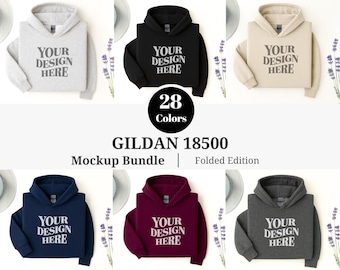 Gildan 18500 Folded Mockup Bundle, Flat Lay Hoodie Sweatshirt Mockups, Gildan 18500 Hoodie Mockup + Editable Gildan 18500 Color & Size Chart