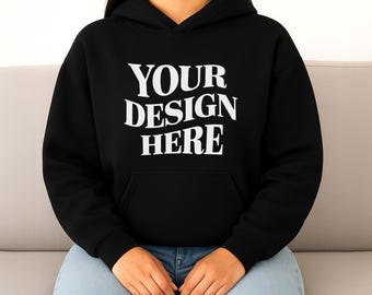 Black Gildan 18500 Hoodie Mockup, Hooded Sweatshirt Mockup, Hoodie Woman Model Mockup, Pullover Sweatshirt Mockup, Model Hoodie Mockup