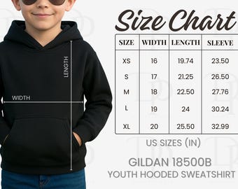 Gildan 18500B Size Chart, Gildan Size Chart 18500B, Gildan Size Chart Youth Hooded Sweatshirt, Model Mockup Youth Hoodie Size Chart