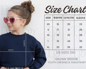 Gildan 18000B Size Chart, Gildan Size Chart 18000B, Gildan Size Chart Youth Crewneck Sweatshirt, Model Mockup Youth Sweatshirt Size Guide