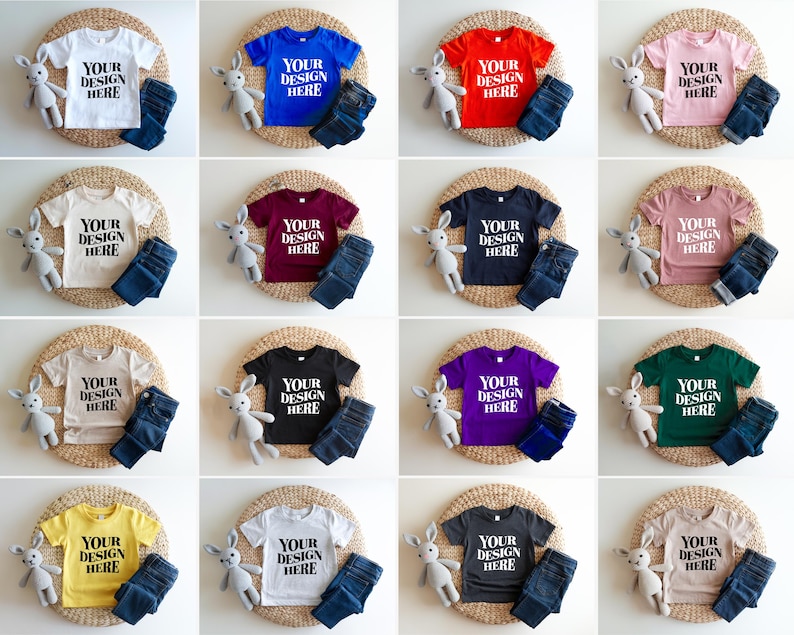 Showcase your designs with this premium Bella Canvas 3001T kids mockup bundle, featuring 16 high-resolution flat lay mockups in a wide range of colors. These mockups are perfect for designers, Etsy sellers, and print-on-demand (POD) businesses looking to professionally present their youth apparel designs. Each flat lay mockup displays the Bella Canvas 3001T toddler/youth tee in a clear, minimalistic overhead style, allowing your design to be the focus. These are JPG-only files.