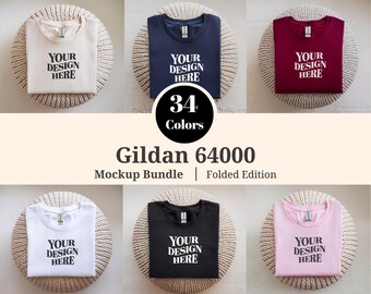 34X gevouwen Gildan 64000 mockup-bundel, Gildan 64000 platliggende mock-ups, gevouwen Gildan 64000-t-shirtmodelbundel, G640 flatlay-modelbundel