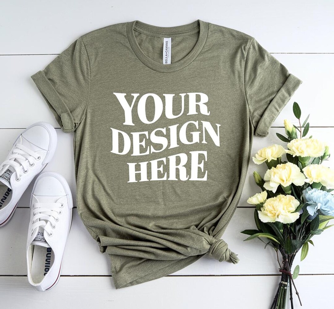Bella Canvas 3001 Mockup| Heather Olive Bella Canvas 3001| Flat Lay ...